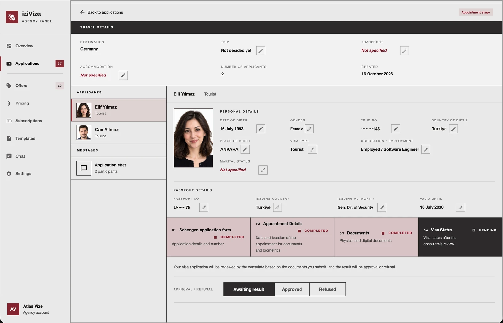 iziViza agency panel — sample application detail